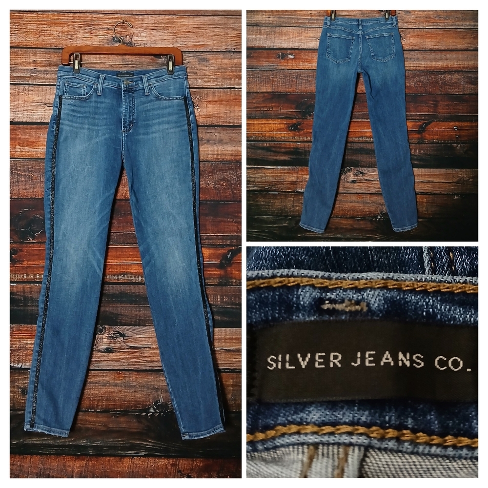 Silver Jeans 29 Calley Skinny Side Stripes Blue Denim Stretch